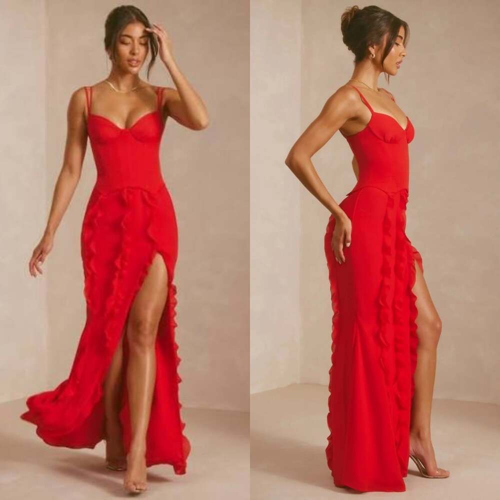 NWT OH POLLY Perrine Corset Frill Skirt Scarlet Red Ruffle Slit Maxi Dress 4